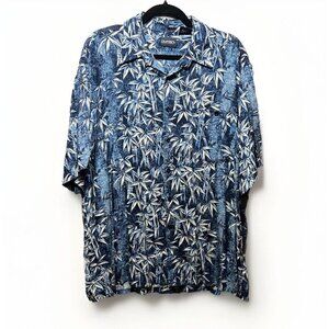 Puritan‎ Hawaiian Shirt Large Blue Bamboo Floral Button Up Rayon Short Sleeve